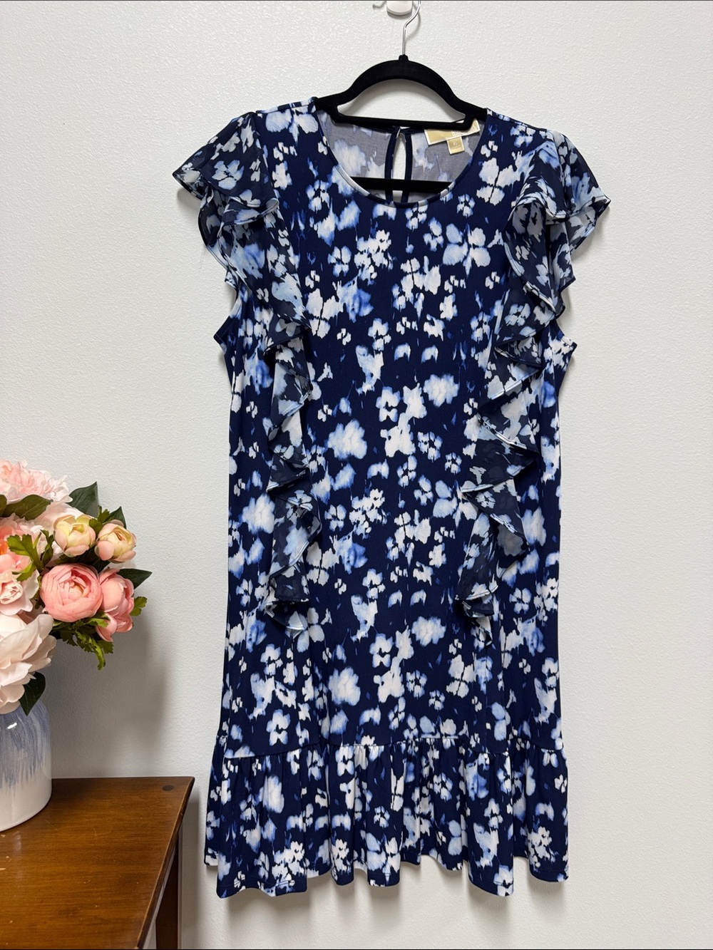 Navy Blue Floral Ruffle Shift Dress